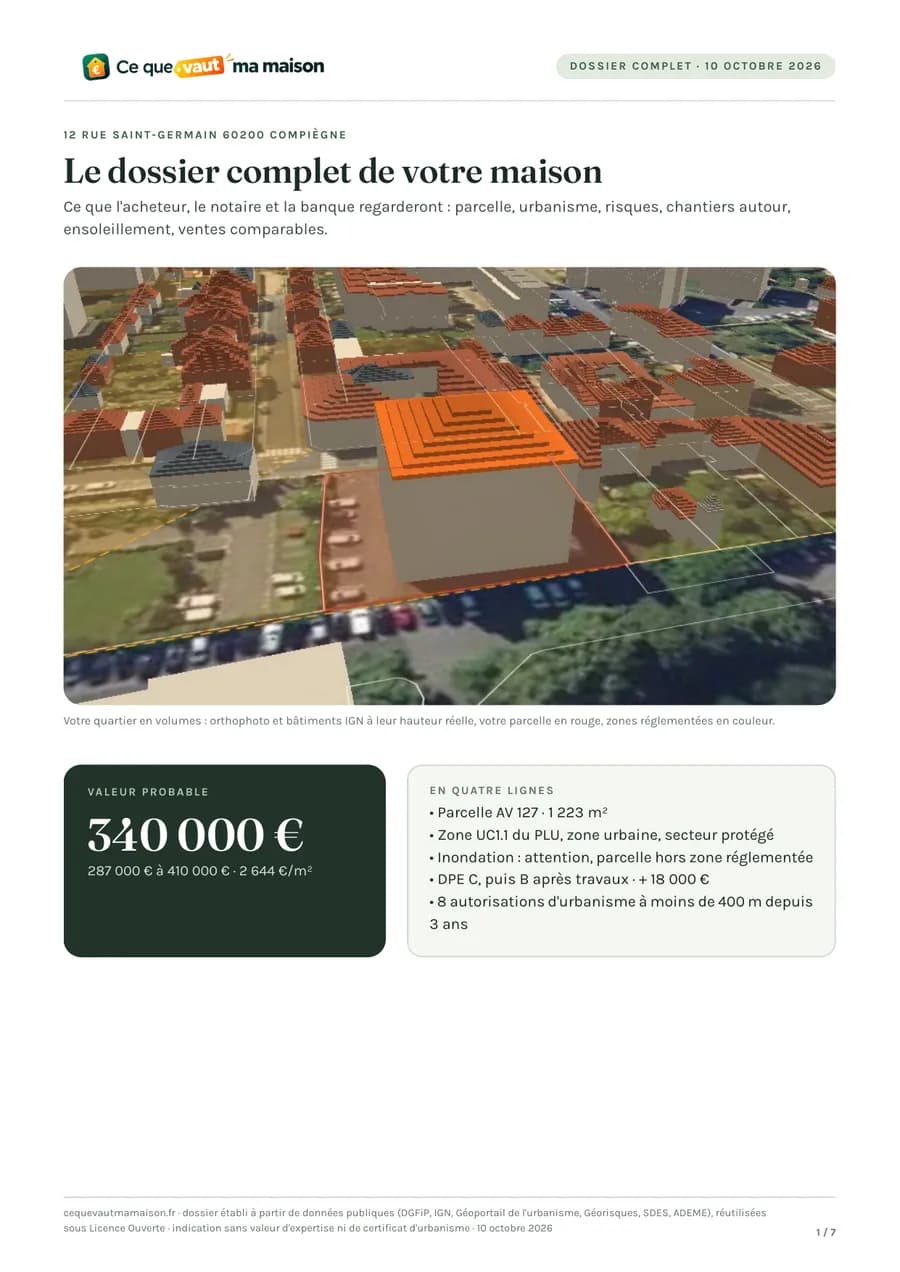 Page 1 du dossier : la scène 3D du quartier, la valeur probable de 340 000 euros et quatre lignes de résumé