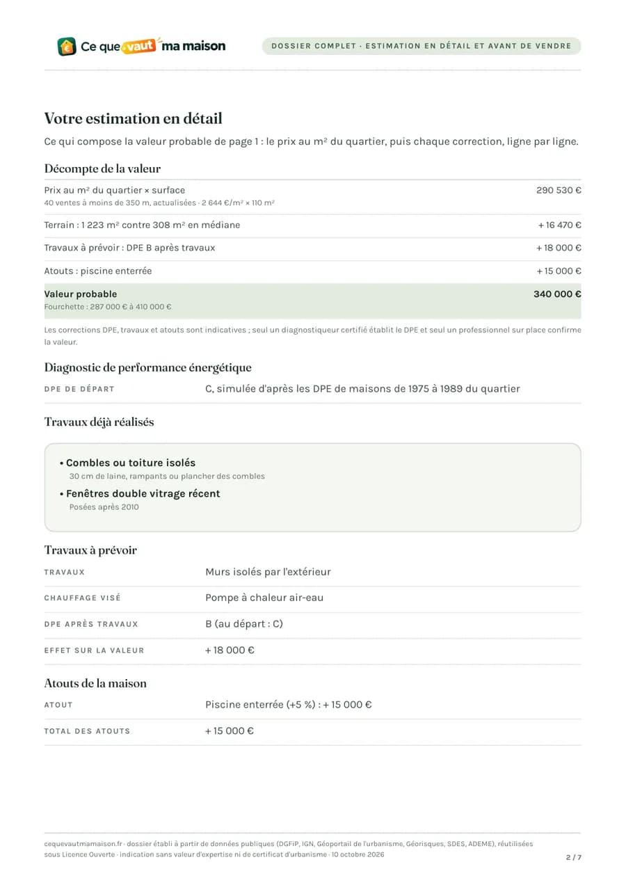 Page 2 du dossier : le décompte de la valeur ligne par ligne, travaux déjà faits, travaux à prévoir et atouts