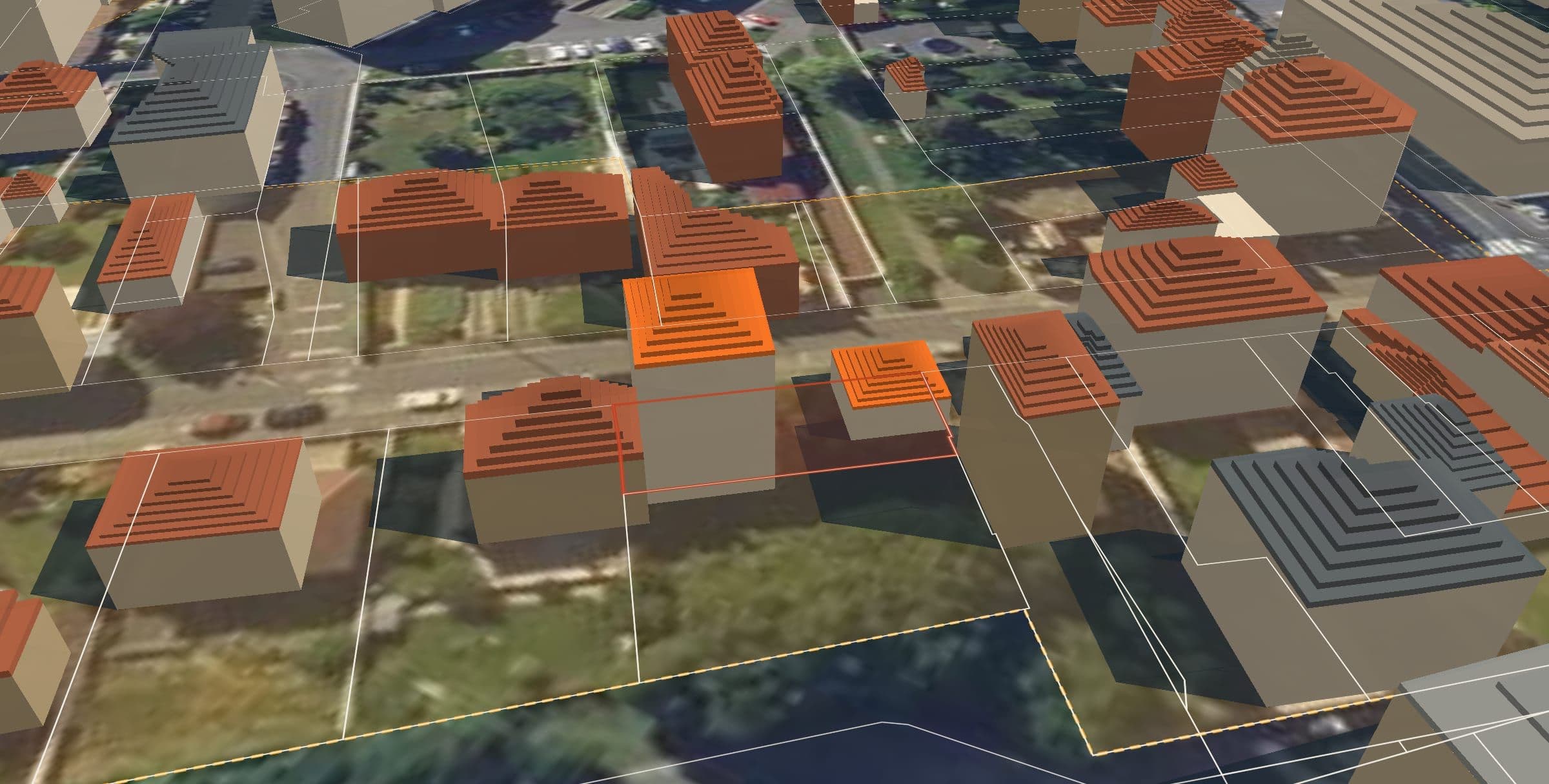 La même maison vue de plus près, avec les ombres portées des bâtiments voisins en fin d'après-midi de juin
