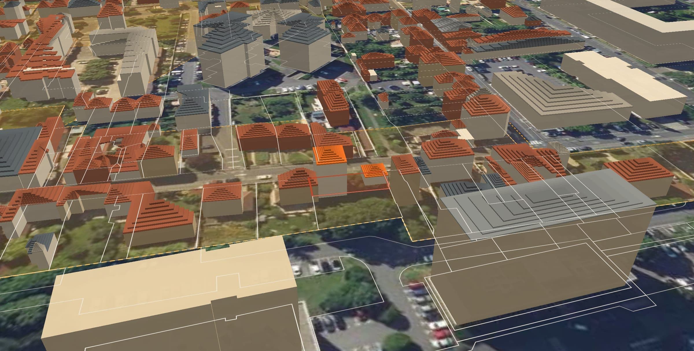 Le quartier d'une maison en trois dimensions : bâtiments à leur hauteur réelle, parcelle en rouge, zone inondable le long de la rivière